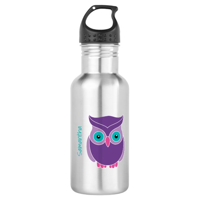 Kids Personalized Purple Teal Cute Owl 532 Ml Water Bottle (Front)