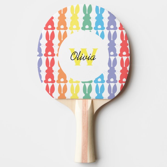 Kids Personalized Rainbow Bunny Pattern Silhouette Ping Pong Paddle (Front)