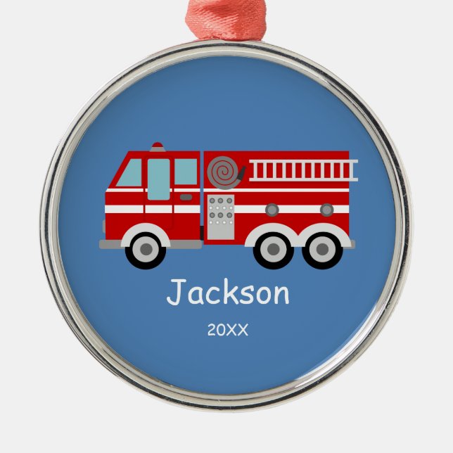 Kids Personalized Red Fire Truck Christmas Metal Ornament (Front)