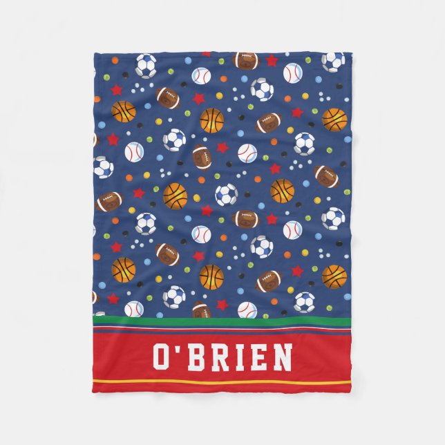 Kids Personalized Red Multi Sports Fleece Throw (Front)