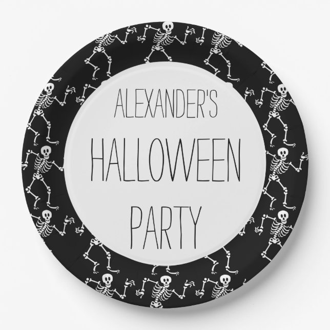 Kids Personalized Skeleton Pattern Halloween Party Paper Plate (Front)