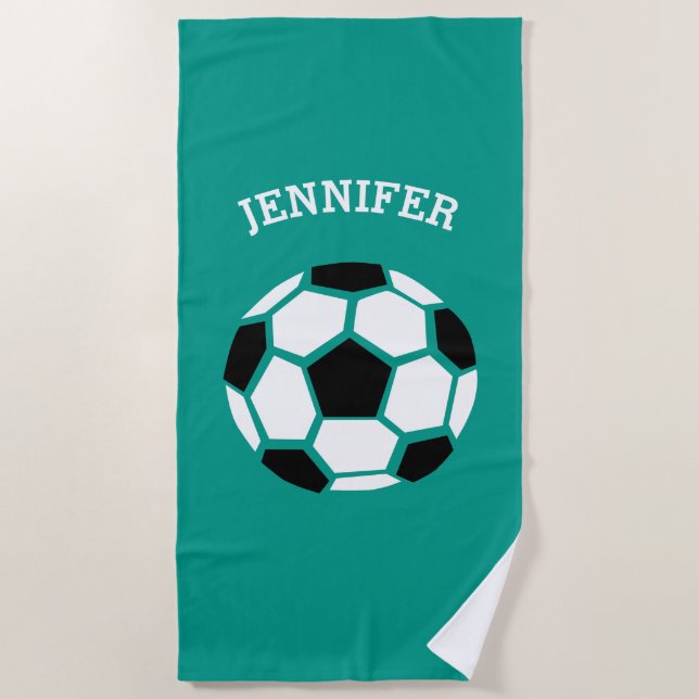 Kids Personalized Soccer Ball Green Sports Beach Towel (Front)