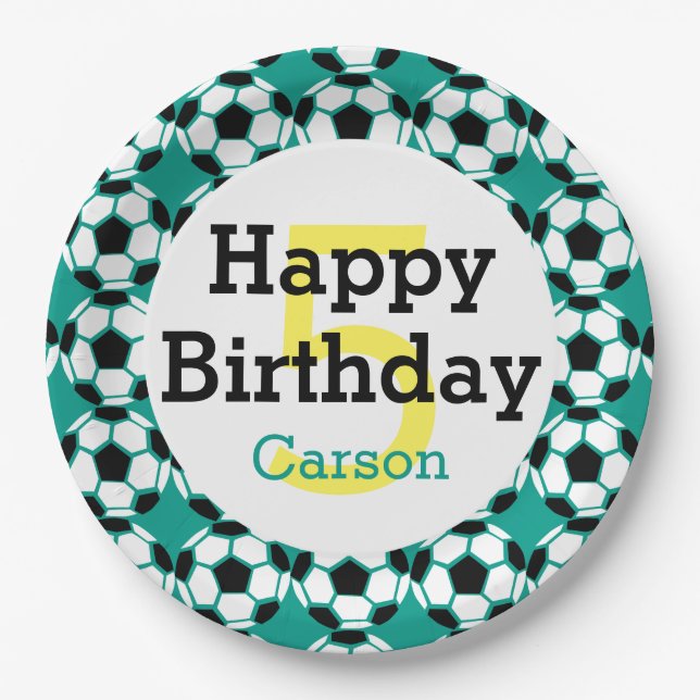 Kids Personalized Soccer Ball Happy Birthday Sport Paper Plate (Front)