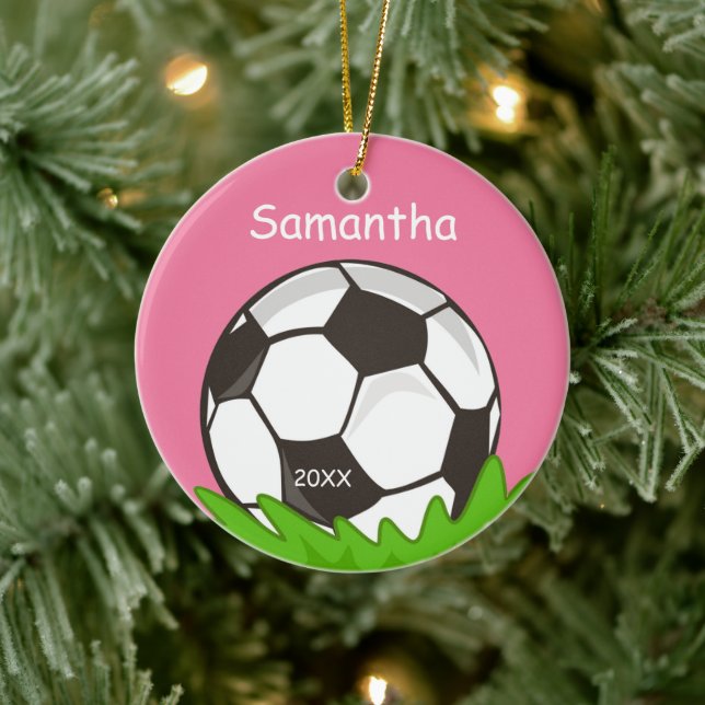 Kids Personalized Soccer Ball Pink Ceramic Ornament (Tree)
