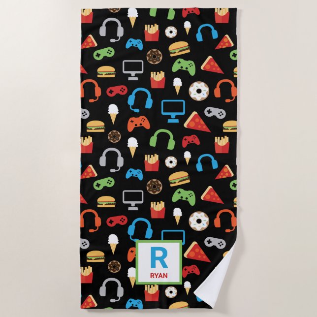 Kids Personalized Video Game Pattern Gamer Snacks Beach Towel (Front)