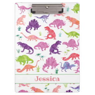 Kids Personalized Watercolor Dinosaur Purple Pink Clipboard