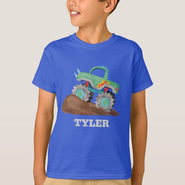 Kids Personalized Watercolor Monster Stunt Truck T-Shirt (Front)