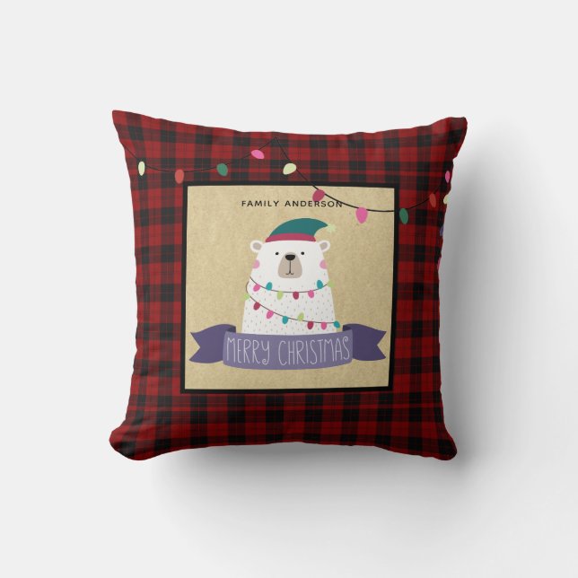 Kids Personalized Xmas PolarBear Buffalo Plaid Throw Pillow (Front)