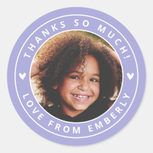 Kids Photo Cute Hearts Birthday Favour Label Purpl