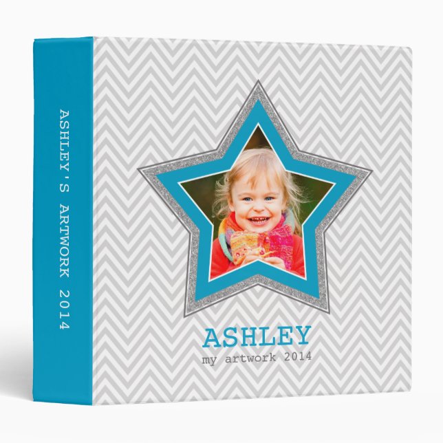 KIDS PHOTO grey chevron pattern star frame blue Binder (Front/Spine)