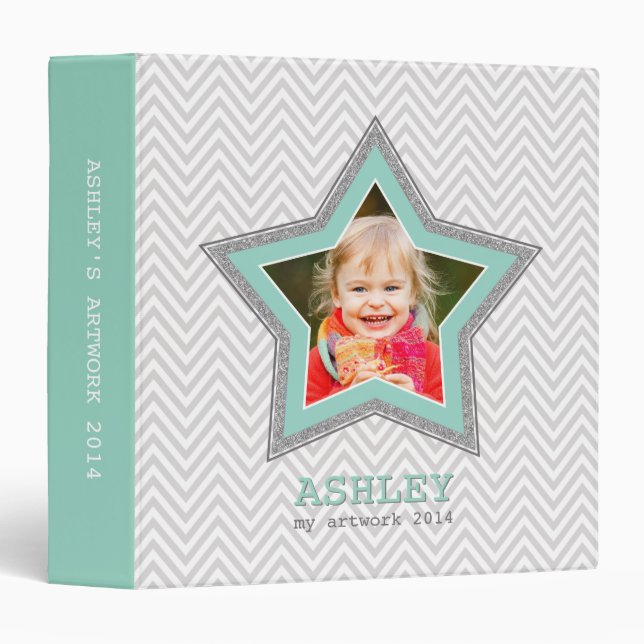 KIDS PHOTO grey chevron pattern star frame mint Binder (Front/Spine)