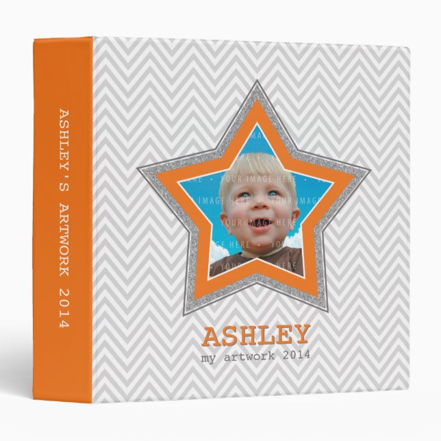 KIDS PHOTO grey chevron pattern star frame orange Binder (Front/Spine)