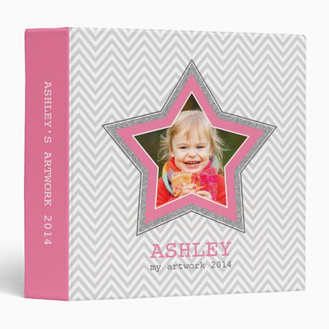 KIDS PHOTO grey chevron pattern star frame pink Binder (Front/Spine)