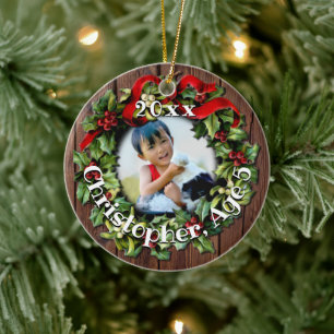 Kids Photo Holly Wreath Keepsake Family Ceramic Ornament