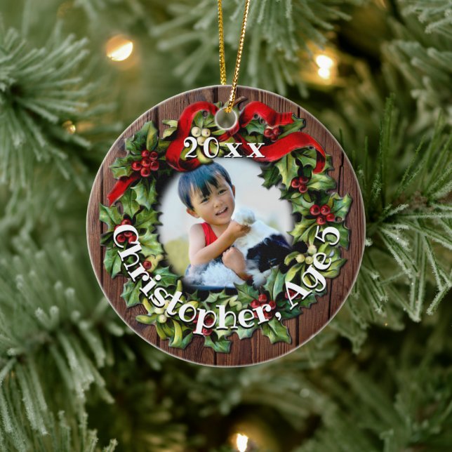 Kids Photo Holly Wreath Keepsake Family Ceramic Ornament (Tree)