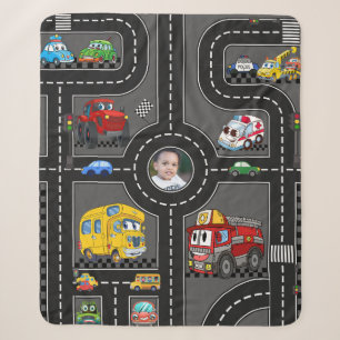Kids Photo Road Map Cute Cartoon Vehicles Street Sherpa Blanket