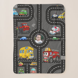 Kids Photo Road Map Cute Cartoon Vehicles Street Sherpa Blanket