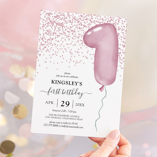 Kids Pink 1st Balloon Birthday Invitation (Creator Uploaded)