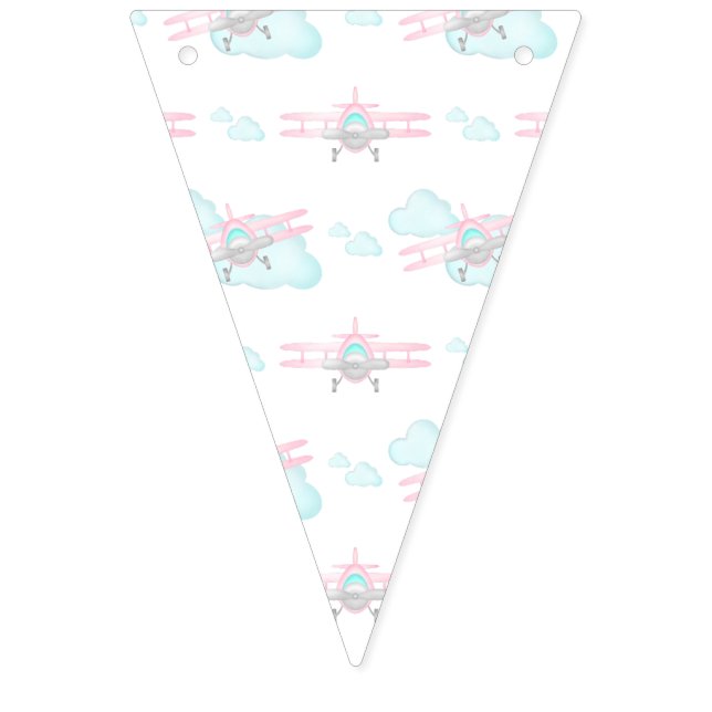 Kids Pink Airplane Flying Aviation Birthday Bunting Flags (First Flag)