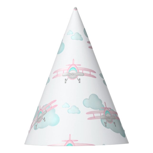 Kids Pink Airplane Flying Aviation Birthday Party Hat (Front)
