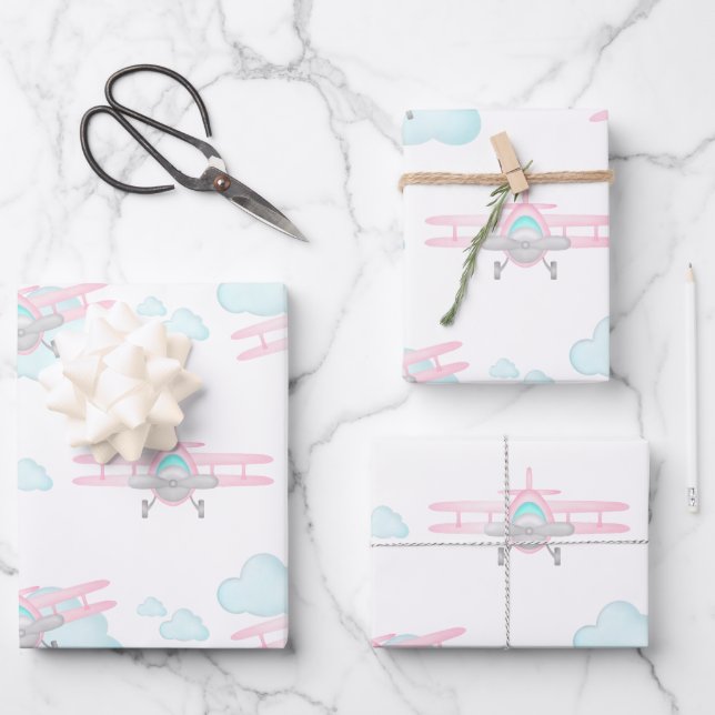 Kids Pink Airplane Flying Aviation Birthday Wrapping Paper Sheet (Front)