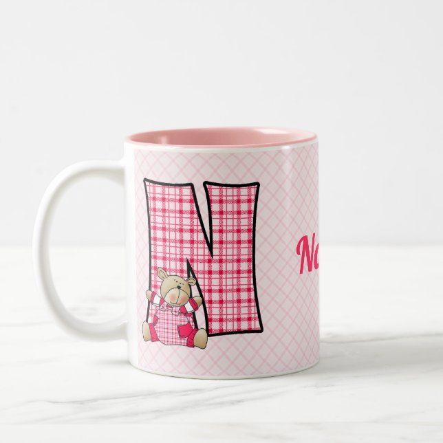 Kid's Pink Bear Monogram Letter N with Name Two-Tone Coffee Mug (Left)