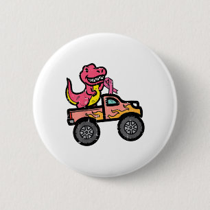 Kids Pink Dino Monster Truck Breast Cancer Awarene 2 Inch Round Button