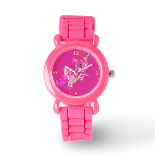 Kids Pink Glitter Strap Cute Winged Unicorn Watch (Front)