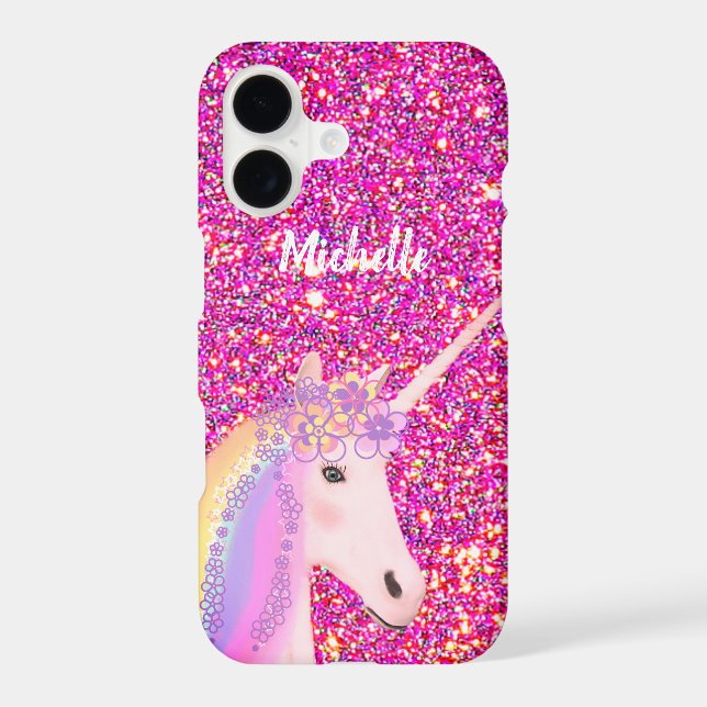 Kids Pink Glitter Unicorn Personalized iPhone Case (Back)