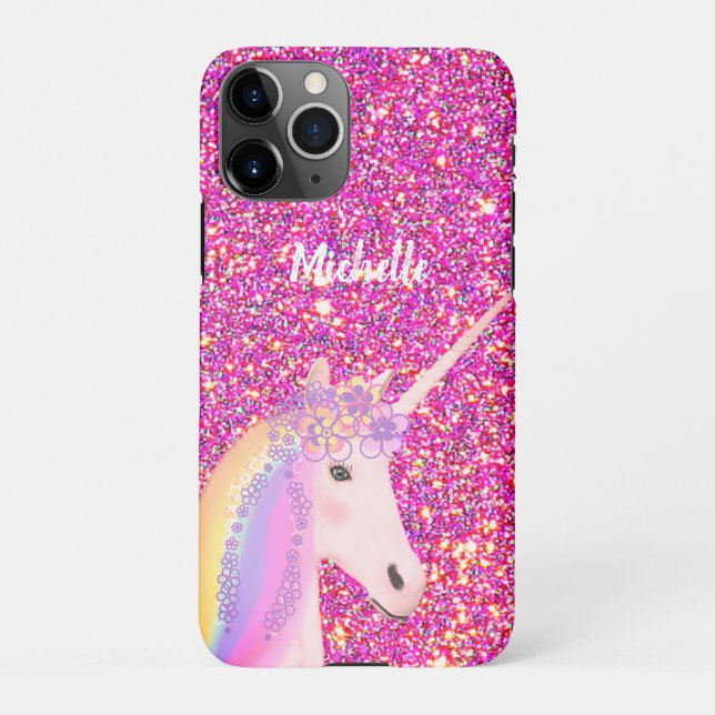 Kids Pink Glitter Unicorn Personalized iPhone Case (Back)