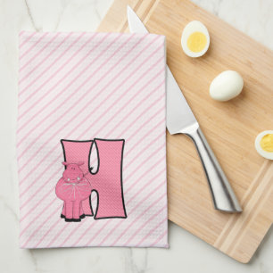 Kid's Pink Hippo Monogram Letter H Kitchen Towel