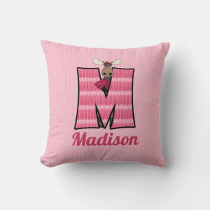 Kid's Pink Knit Print Moose Monogram Letter M Throw Pillow