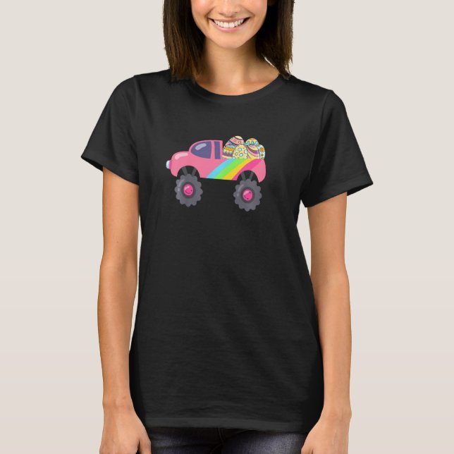 Kids Pink Monster Truck Eggs Easter Egg Hunting Ki T-Shirt (Front)