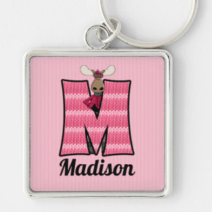 Kid's Pink Moose Monogram Letter M Keychain
