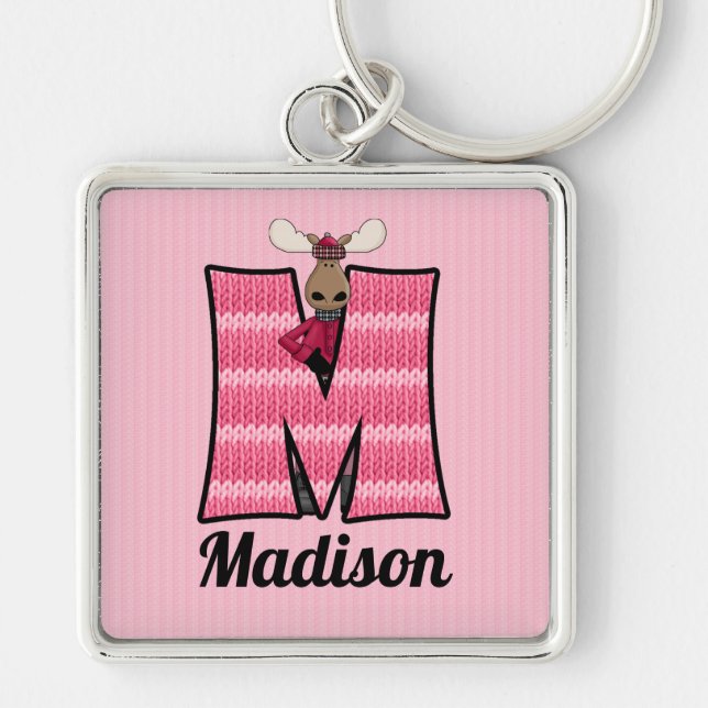 Kid's Pink Moose Monogram Letter M Keychain (Front)