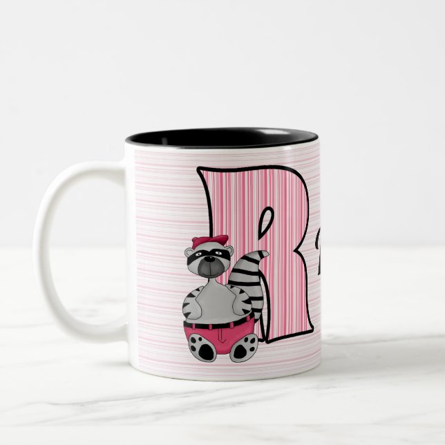 Kids Pink Raccoon Monogram Letter R with Name Two-Tone Coffee Mug (Left)