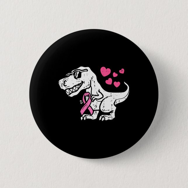Kids Pink Ribbon T-Rex Kids Breast Cancer Awarenes 2 Inch Round Button (Front)