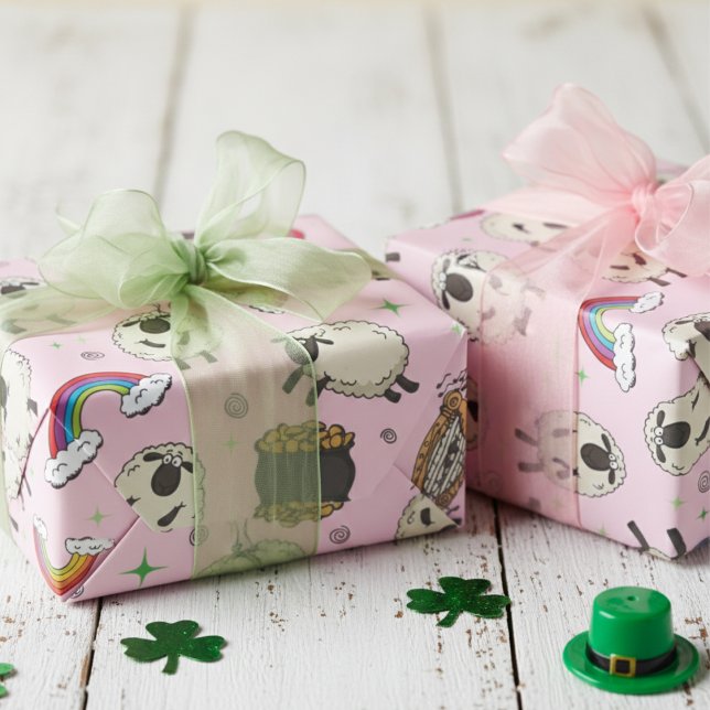 Kids Pink St. Patrick’s Day Sheep & Shamrocks Wrapping Paper (Girly Pink and Green Kids St Patrick's Day Wrapping Paper for Her. Cute Sheep, Rainbow & Shamrocks)