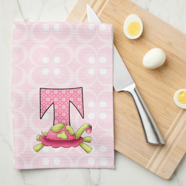 Kids Pink Turtle Monogram Letter T Kitchen Towel (Quarter Fold)