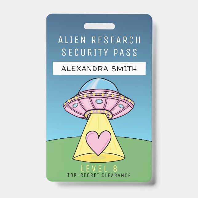 Kids Pink UFO Party Alien Research Security Pass Badge (Front)