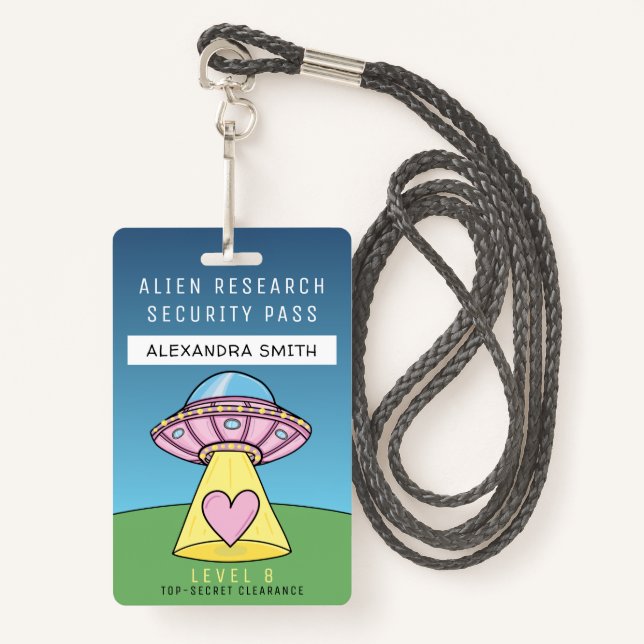 Kids Pink UFO Party Alien Research Security Pass Badge (Front with Lanyard)