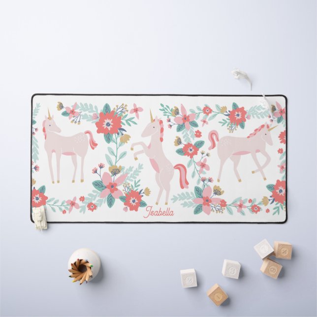Kids Pink Unicorn and Flowers With Custom Name Desk Mat (Kids Table)