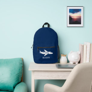 Kids Plane Boys Blue Custom Name Printed Backpack