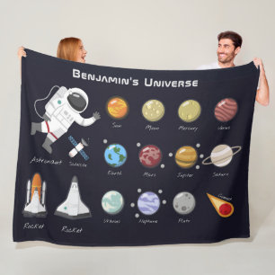 Kids Planets Astronaut Monogram Colourful Universe Fleece Blanket