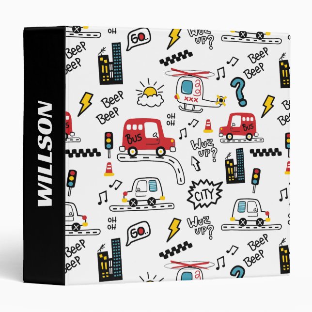 Kids Playful Transport Pattern  Binder (Front/Spine)