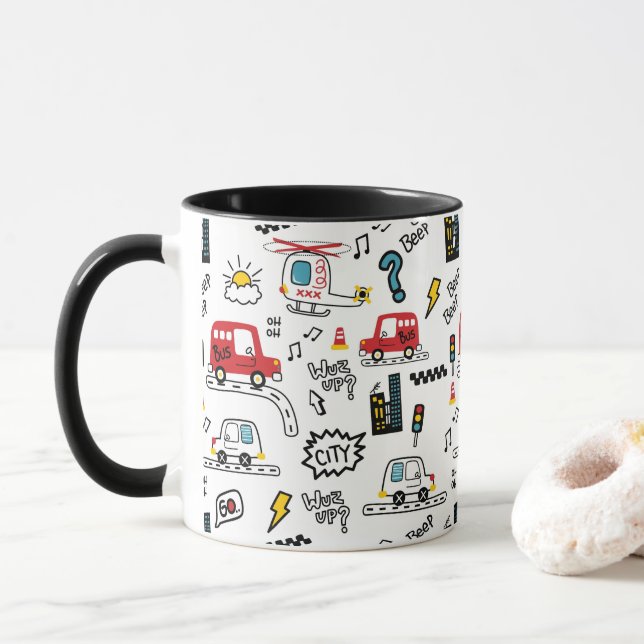 Kids Playful Transport Pattern  Mug (With Donut)