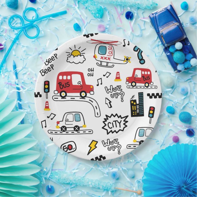 Kids Playful Transport Pattern  Paper Plate (Party)