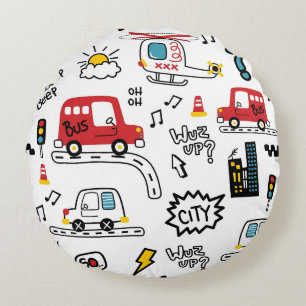 Kids Playful Transport Pattern Round Pillow