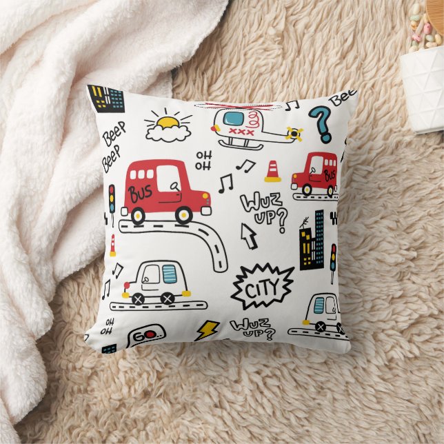 Kids Playful Transport Pattern  Throw Pillow (Blanket)