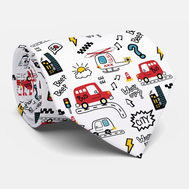 Kids Playful Transport Pattern  Tie (Rolled)